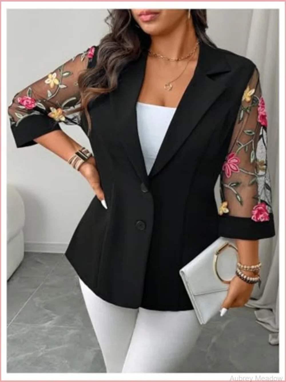 Plus Size Floral Embroidered Mesh Button Down Blazer 3/4 Sleeve